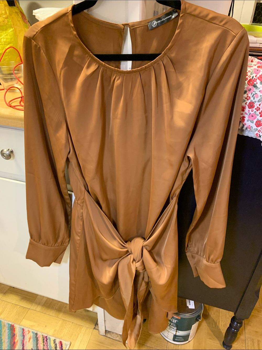 Pretty Garden Women’s Tie-Waist Long Sleeve Satin Dress in Cappucino - Picture 9 of 12